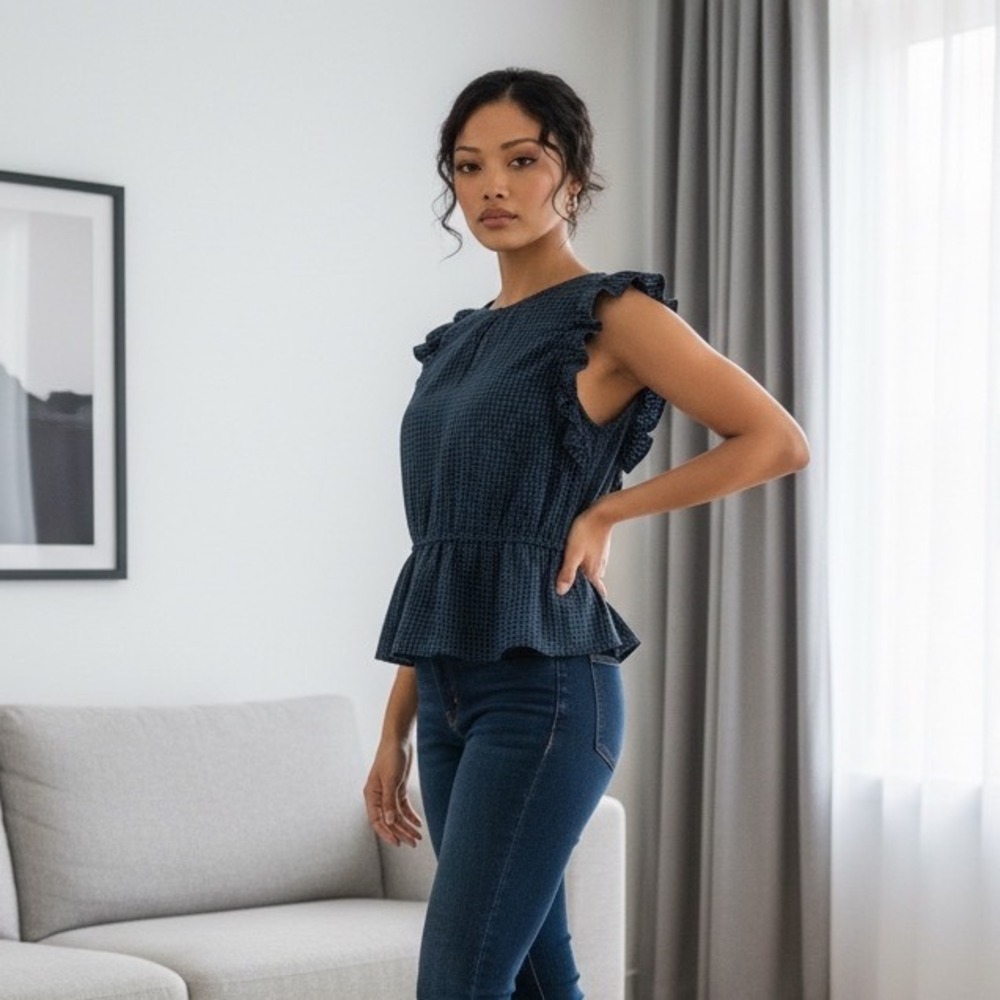 Free Assembly Blue‎ Black Gingham Ruffle Peplum Top Womens Size L